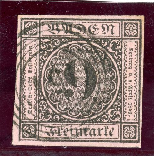 Baden 4b Gestempelt 9 Kr. schw./rosa, breitrd. Luxusst