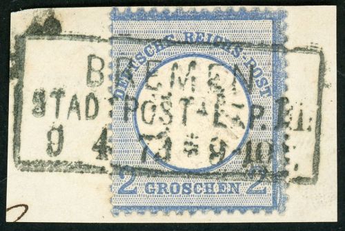 Deutsches Reich 20 Briefstück 2 Gr. blau auf Luxusbfst. mit idealem Ra3 BREM...