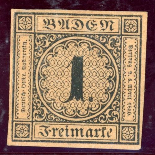 Baden 1bND Ungebraucht mit Falz Neudruck 1 Kr. dkl'rotbraunes Papier