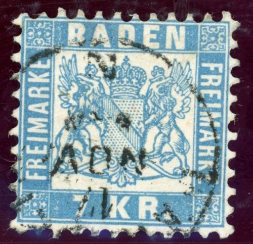 Baden 25b Gestempelt 7 Kr. hellblau, sauber gest. Kab-St