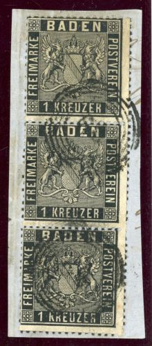Baden 9 (3) Briefstück 1 Kr. im senkr. 3erStreifen a. Kab-Bfst.