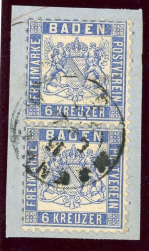 Baden 19a (2) Briefstück 6 Kr. ultramarin im senkr. Paar a. Kab-Bfst.