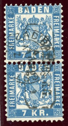 Baden 25a (2) Gestempelt 7 Kr. blau, senkr. Kab-Paar mit Bahnpost-K2