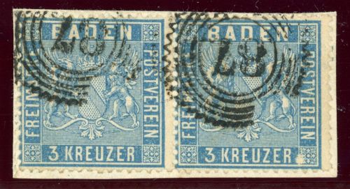 Baden 10b (2) Briefstück 3 Kr. im waager. Paar a. Kab-Bfst. mit NS 87