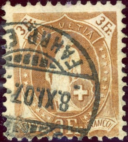 Schweiz 80D Gestempelt 3 Fr, braun in der guten Zhng. 11 3/4:12 1/4