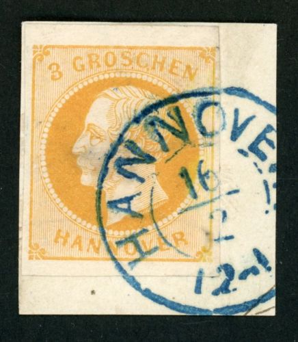 Hannover 16a Briefstück 3 Gr. gelborange a. Kab-Bfst. mit blauem K2 HANNOVER