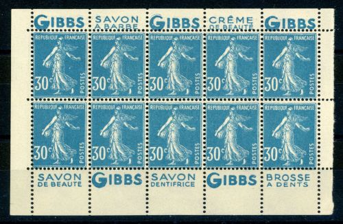 Frankreich 187Hbl. Postfrisch 30 C. blau Heftchenblatt mit 3 versch. Reklamen...