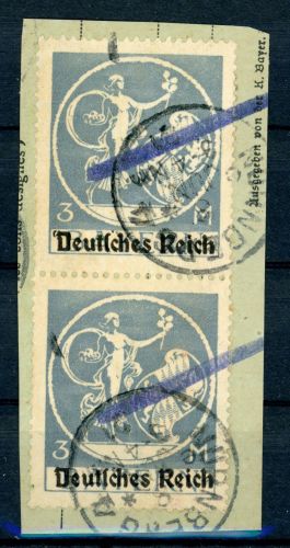 Deutsches Reich 134V+135I Briefstück 3 Mk. im senkr. Paar a. PA N