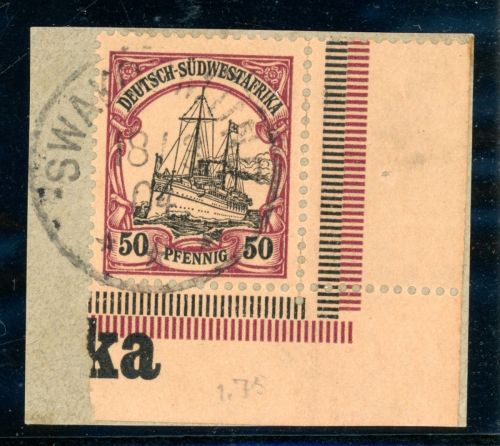 Deutsch-SãDwestafrika 18ER Briefstück 50 Pfg. re. untere Bogenecke mit kl...