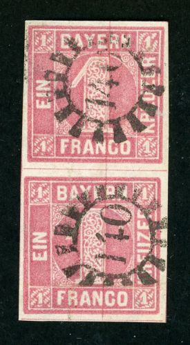 Bayern 3Ib (2) Gestempelt 1 Kr. dunkelrosa, senkr. vollrd. Paar mit 2mal gMR 140