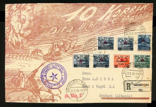 Albanien 368-374 Aufdruckserie kpl. a. R-Brief-VS eines Schmuck Umschlags 22....