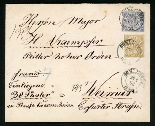 Ndp 5, 6 2 Gr. blau (kl. Kerbe oben) mit 5 Gr. braun a. Wertbrief mit K2 SCHL...