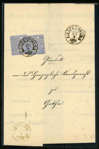 Ndp 5 (2) Brief 2mal 2 Gr. blau auf Insinuationsdokument mit Th.&T.-K1 GR