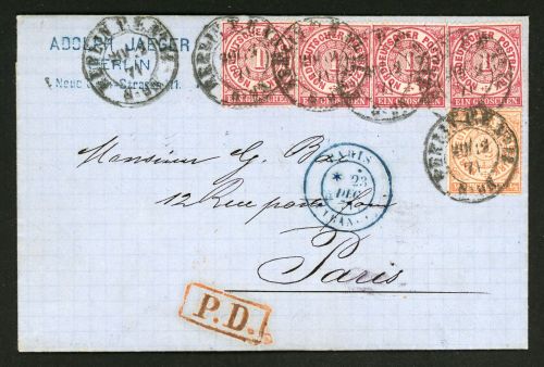 Ndp 15,16 (4) 4mal 1 Gr. karmin (1 Bug) mit 1/2 Gr. orange auf PD-Brief aus B...