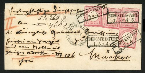 Ndp 4 (4) 4mal 1 Gr. als MeF auf Kab-Paketbegleitbrief mit Ra2 BURGSTEINFURT ...
