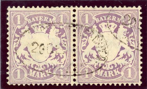 Bayern 31a (2) Gestempelt 1 Mk. im tadellosen waager. Paar mit Gerichtsovalst.
