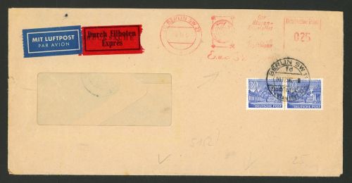 Berlin 51 (2) 30 Pfg. im waager. Paar a. Fensterumschlag mit 25 Pfg. AFS als ...