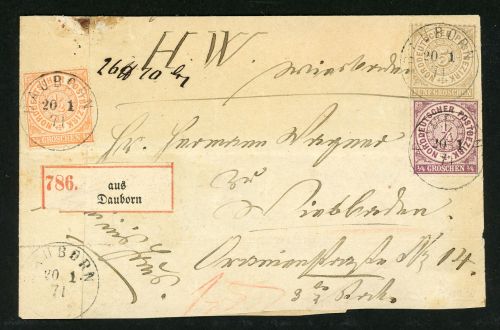 Ndp 1,5,15 Briefstück 1/4 und 5 Gr. durchstochen mit 1/2 Gr. orange auf oben...