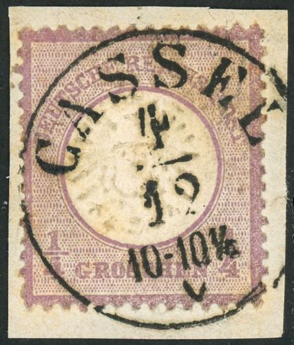 Deutsches Reich 16 Briefstück 1/4 Gr. violett auf Bfst. mit K1 CASSEL 4/12