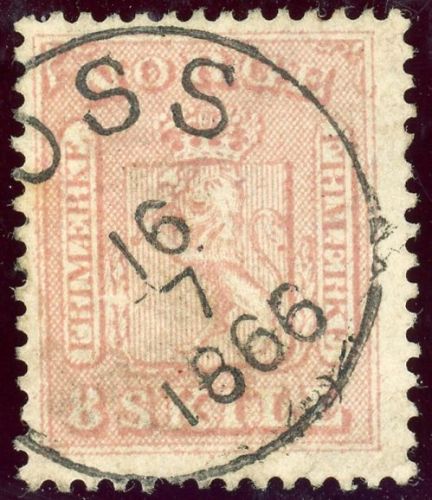 Norwegen 9 Gestempelt 8 Skilling rosa mit klarem K1 MOSS 16 7 1866