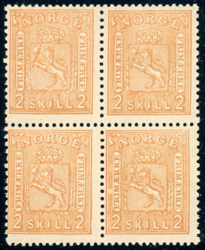 Norwegen 12 (4) 2 Sk. orange im postfrischen Luxusviererblock