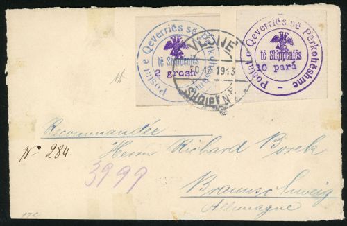 Albanien 18,21 10 Para und 2 Gr. a. R-Brief-VS aus Vlone 20.12.1913 nach Brau...