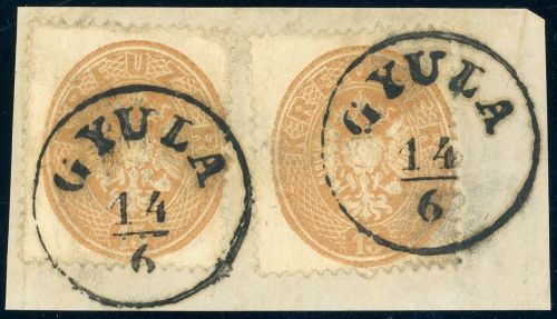 28 (2) Briefstück GUYLA 14/6, 2mal K1 a. Luxusbfst. mit 2mal 15 Kr.