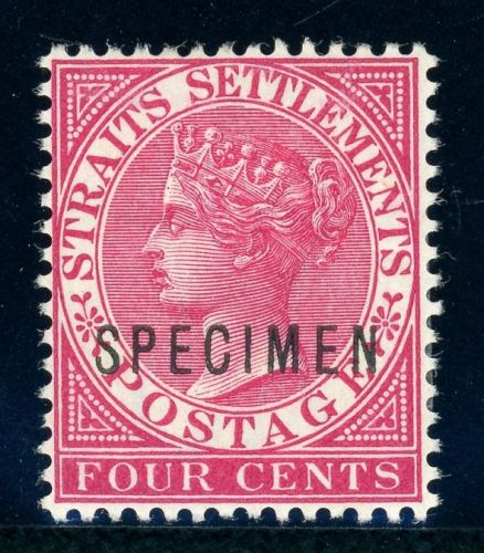 Straits Settlements 11Sp Ungebraucht mit Falz 4 C. rosa mit Specimenaufdr.