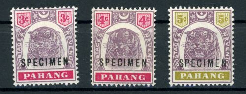 Pahang 8,9,18Sp. Ungebraucht mit Falz 3 Werte Tigerkopf mit Specimenaufdr.