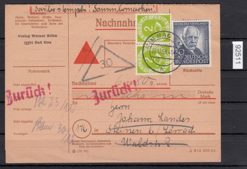 Bund 1953, Mich.-Nr.: 176 + 123 Paar  auf NN-Karte