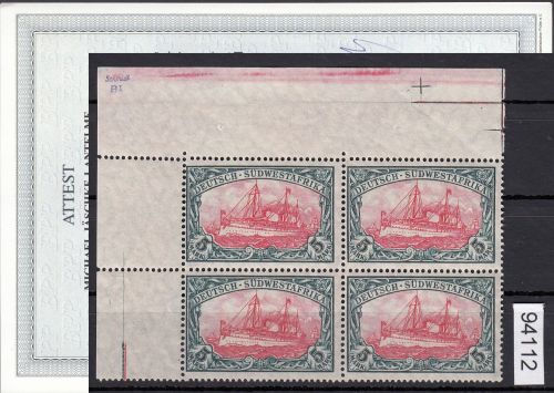 Kolonien Dt. Südwestafrika 1906, Mich.-Nr.: 32 B **  Eckrand  4er-Block geprüft Attest
