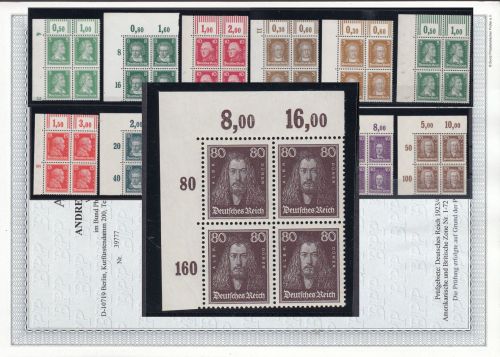 DR 1926, Mich.-Nr.: 385-397 ** Eckrand 4er.-Block  LUXUS geprüft Attest