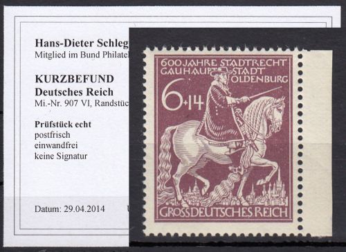 DR 1945, Mich.-Nr.: 907 VI ** geprüft  Befund  Plattenfehler   80,00