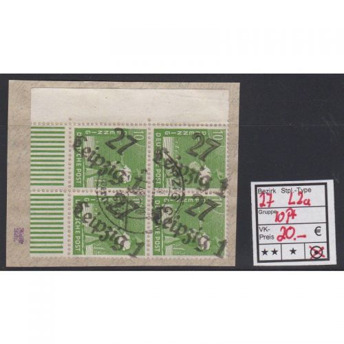 Bezirk 27 nr. 002a Leipzig gest. 10 Pf. Eckrand 4er-block   geprüft
