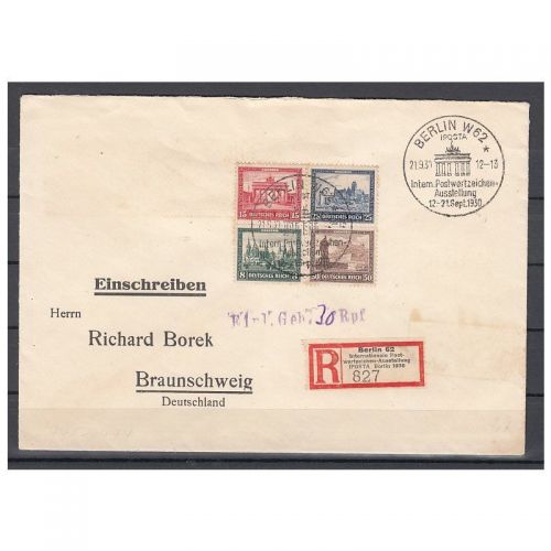 DR 1930, Mich.-Nr.: 446-449 Einzelmarken Block 1 gestempelt auf Brief