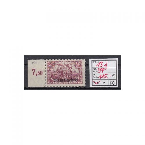 Memel 1920 Mi.  Nr.13 d ** Eckrand geprüft/Befund