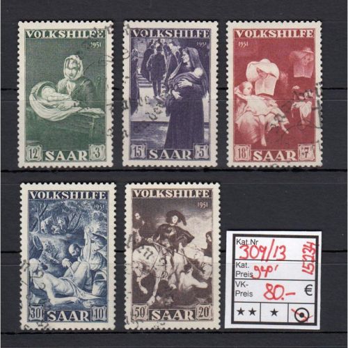 Saarland 1951 Mi. Nr. 309-13 Gestempel geprüft