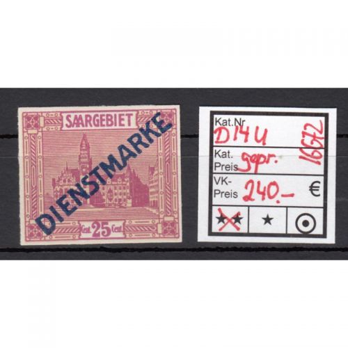 Saargebiet 1923 Mi. Nr. 14 II U  ** (Dienstmarken) geprüft/Attest