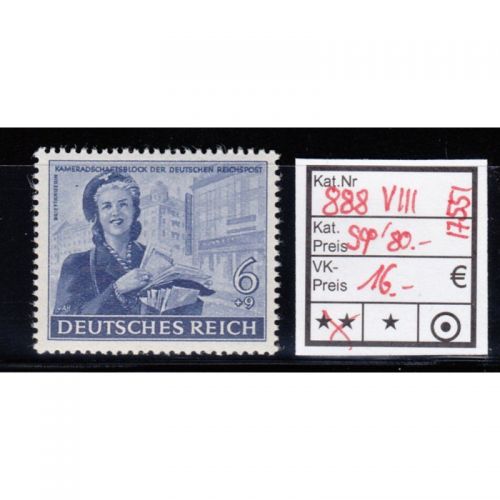 DR 1944, Mich.-Nr.: 888 VIII ** geprüft  Plattenfehler   80,00