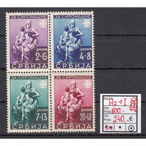 Serbien 1942, Mi.-Nr. 82-85  Hz 1 I Klb. ** mit Stecherzeichen (Feld 11)