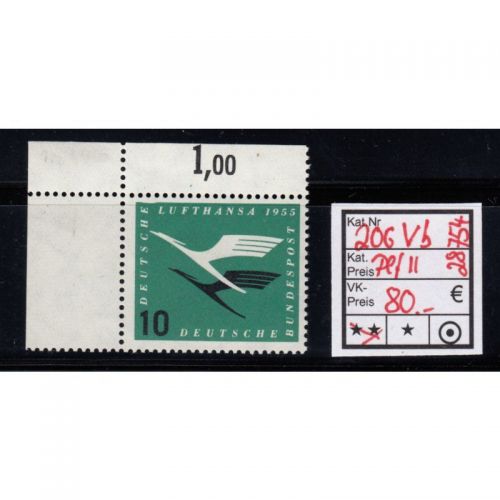 Bund 1955, Mich.-Nr.: 206 II ** Eckrand (Mi. 220,00)