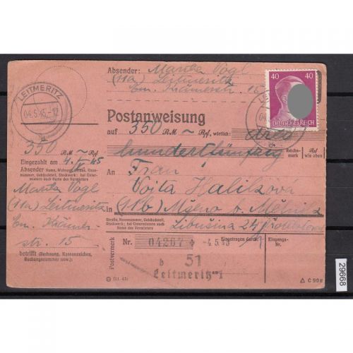 DR 1941, Mich.-Nr.: 795  MeF  Postanweisung Leitmeritz 4.5.45 !!  geprüft  Befund