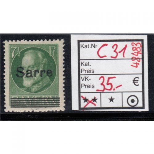 Saargebiet 1920 Mi. Nr. 31 C ** geprüft