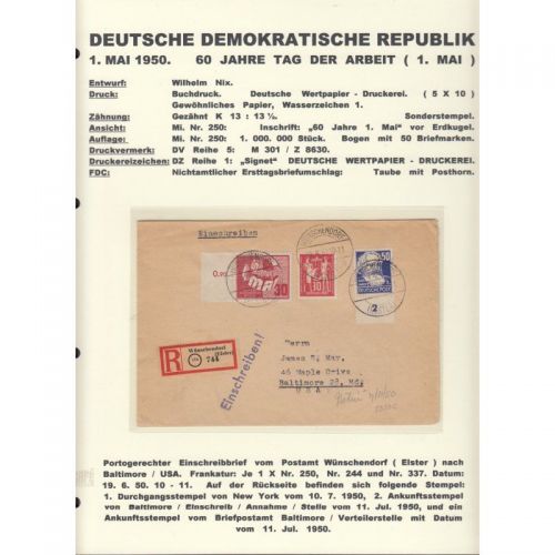 DDR 1950, Mich.-Nr.: 250  Mif  gelaufen  auf Brief - Baltimore USA  Portorichtig