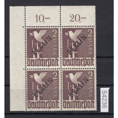 Berlin 1948, Mich.-Nr.: 18 ** Eckrand  4er.-Block  geprüft  (Plattennr.)  lesen