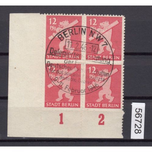 SBZ  1945 Mi.-Nr.:   5 B gestempelt Eckrand 4er-Block  geprüft  Attest