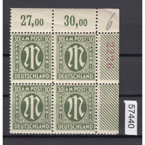 Bizone 1945  Mi. Nr. 29 b C r4 **  Eckrand 4er.-Block rote 4 stellige Bogennr geprüft