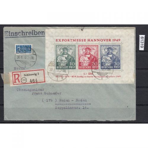 Bizone 1949 Mi. Nr. 103-05 Block 1 auf R-Brief