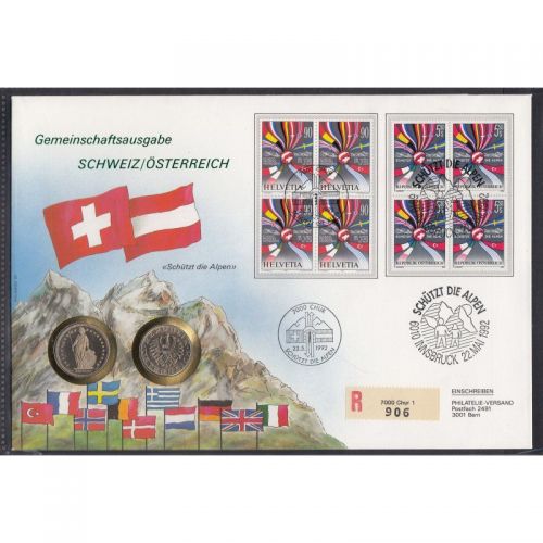 Schweiz / Österreich 1992 Numisbrief  Schützt die Alpen