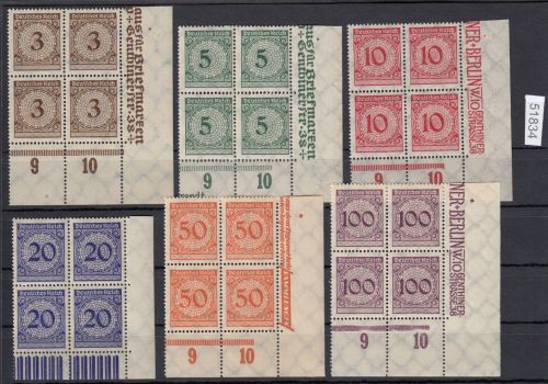 DR 1923, Mich.-Nr.: 338-43 **   Eckrand 4er-Block